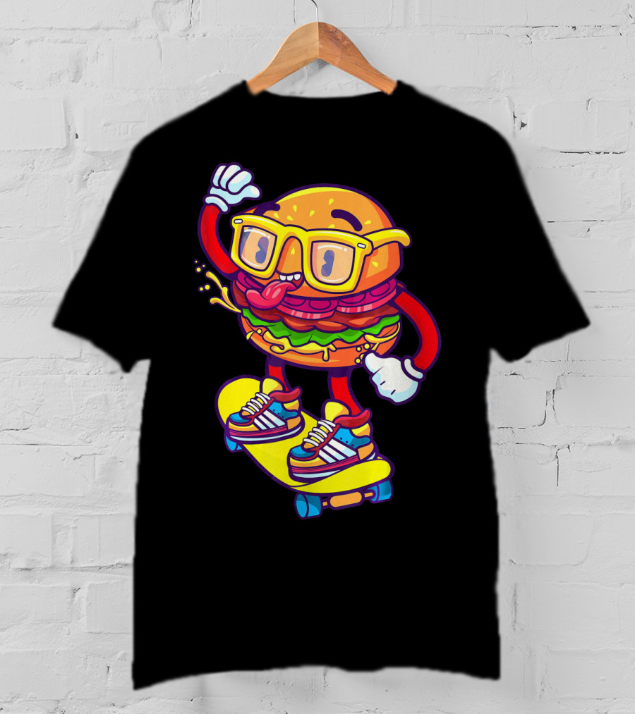 Skateboarding Cheeseburger Cartoon With Glasses And Sneakers T-Shirt