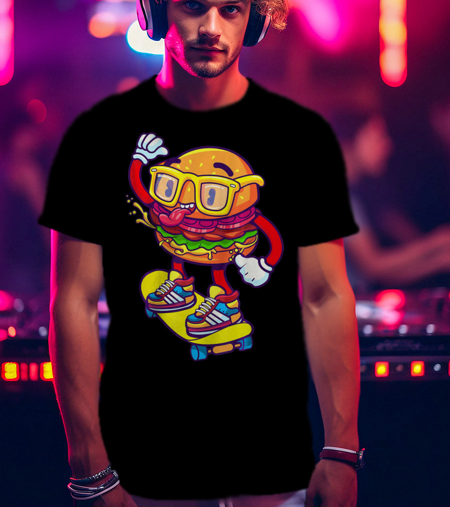 Skateboarding Cheeseburger Cartoon With Glasses And Sneakers T-Shirt