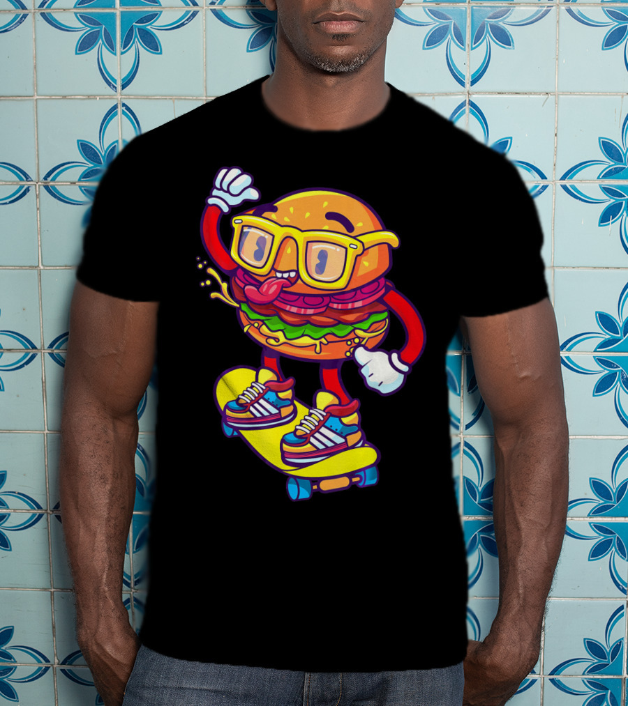 Skateboarding Cheeseburger Cartoon With Glasses And Sneakers T-Shirt