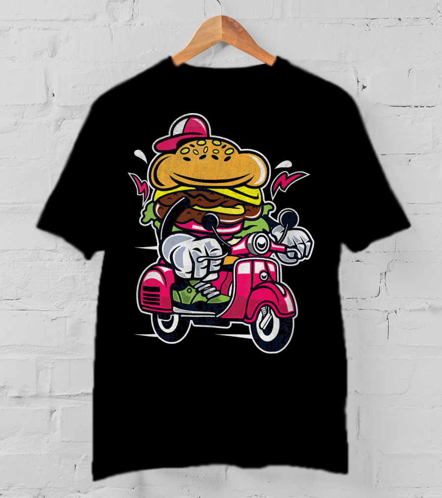 Vintage Scooter Burger Cartoon Rider T-Shirt
