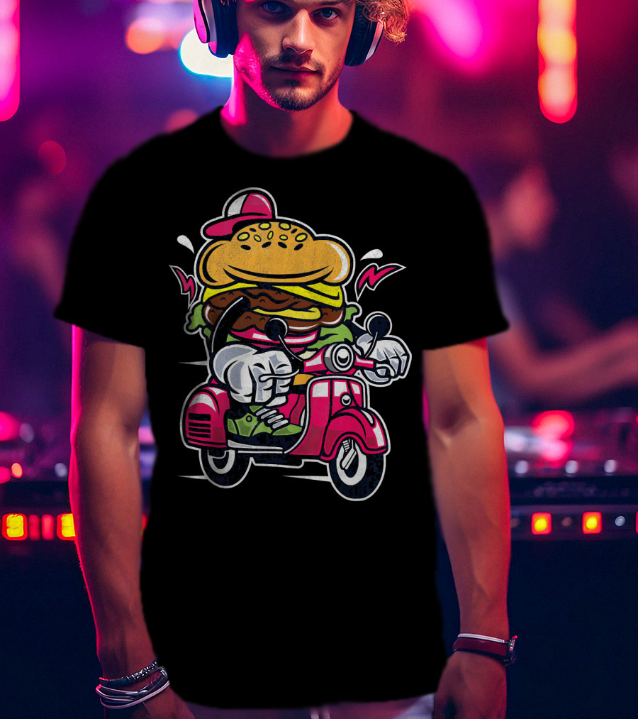 Vintage Scooter Burger Cartoon Rider T-Shirt