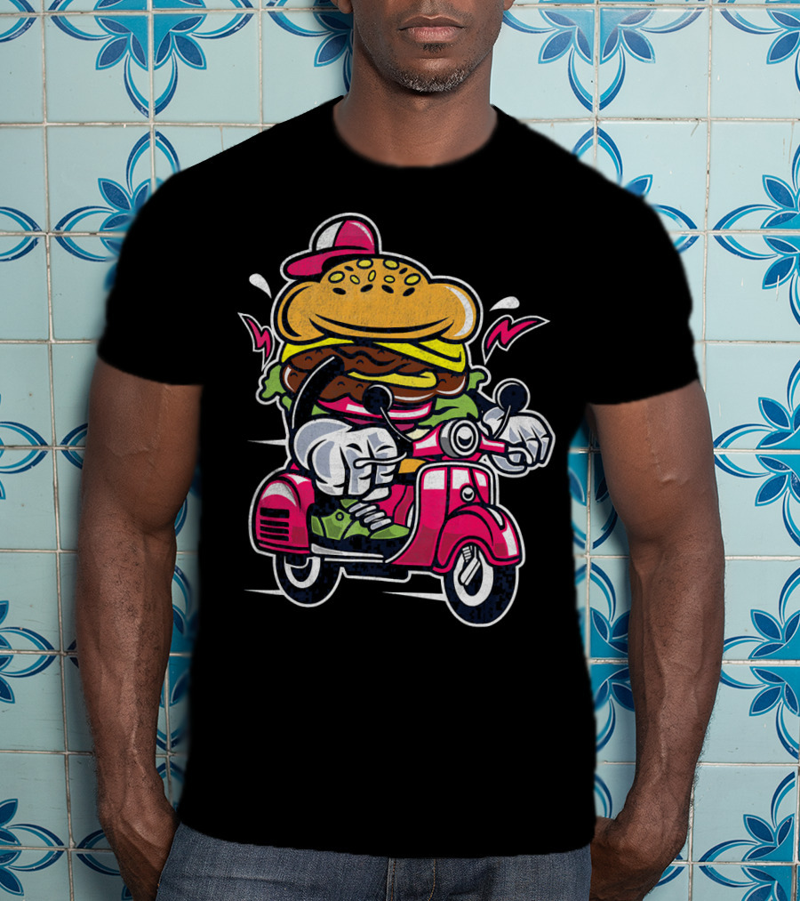 Vintage Scooter Burger Cartoon Rider T-Shirt