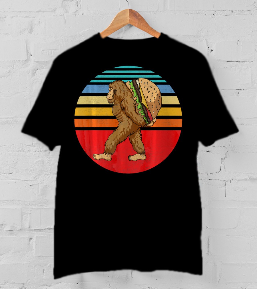 Vintage Bigfoot Carrying Hamburger Retro Stripes T-Shirt
