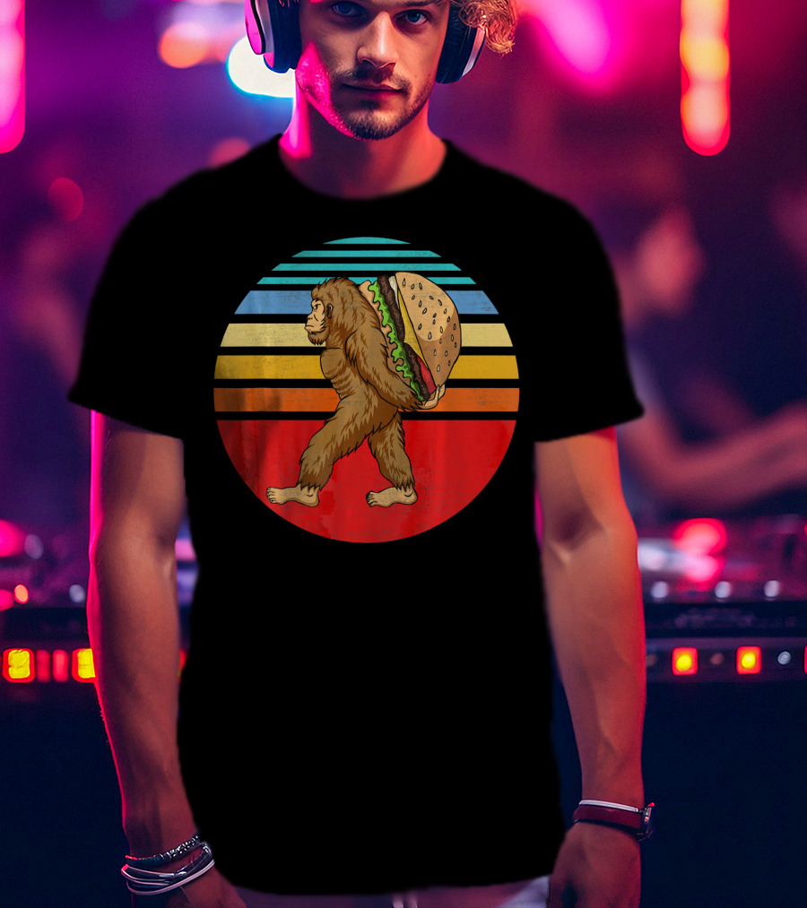 Vintage Bigfoot Carrying Hamburger Retro Stripes T-Shirt