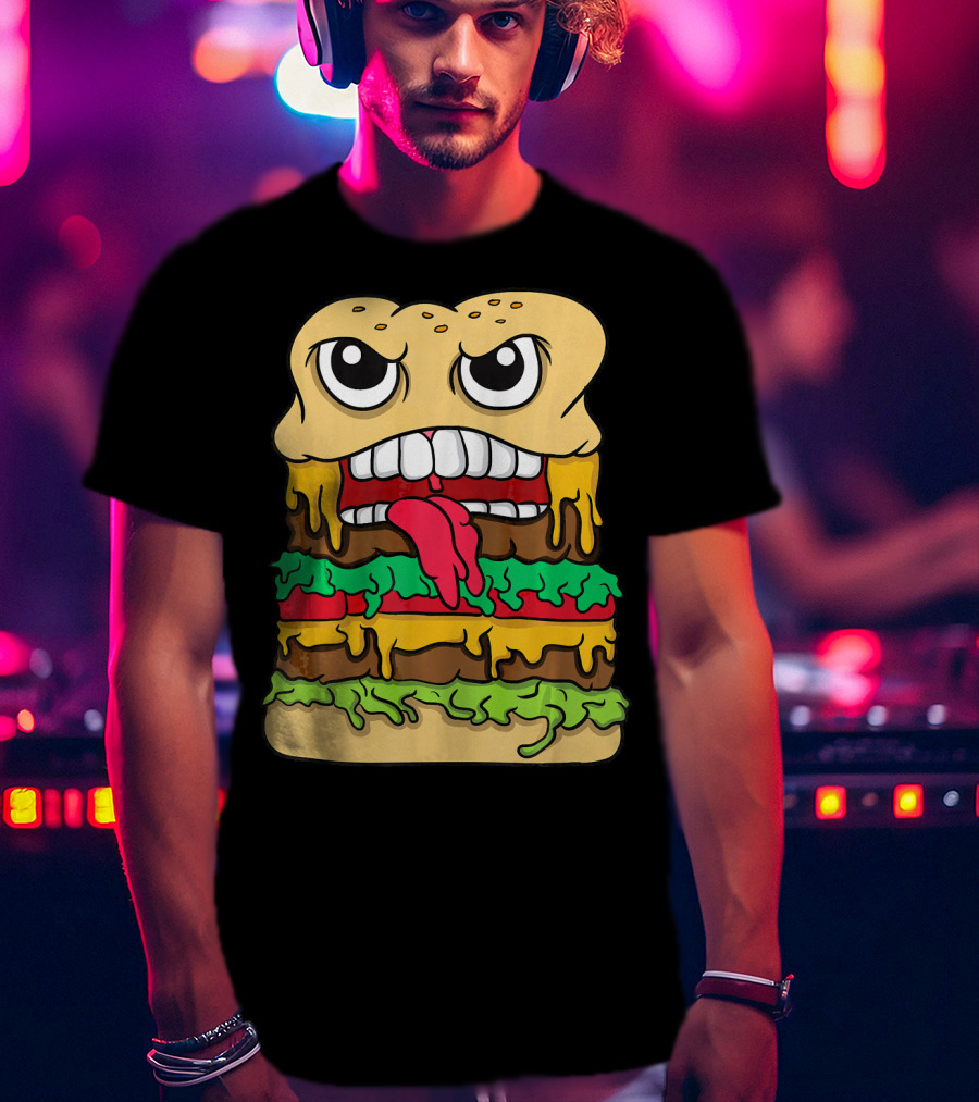 Burger Hamburger Cheeseburger Face With Tongue Out Lettuce And Cheese Layers T-Shirt