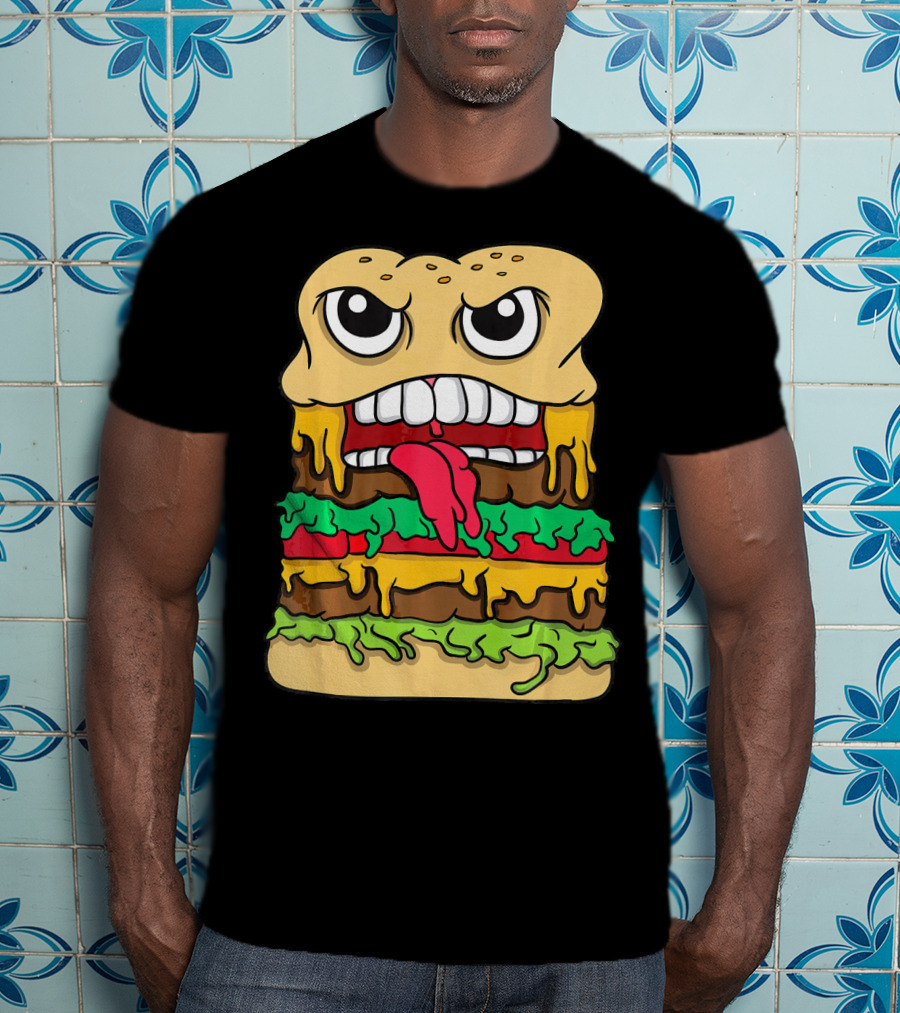 Burger Hamburger Cheeseburger Face With Tongue Out Lettuce And Cheese Layers T-Shirt