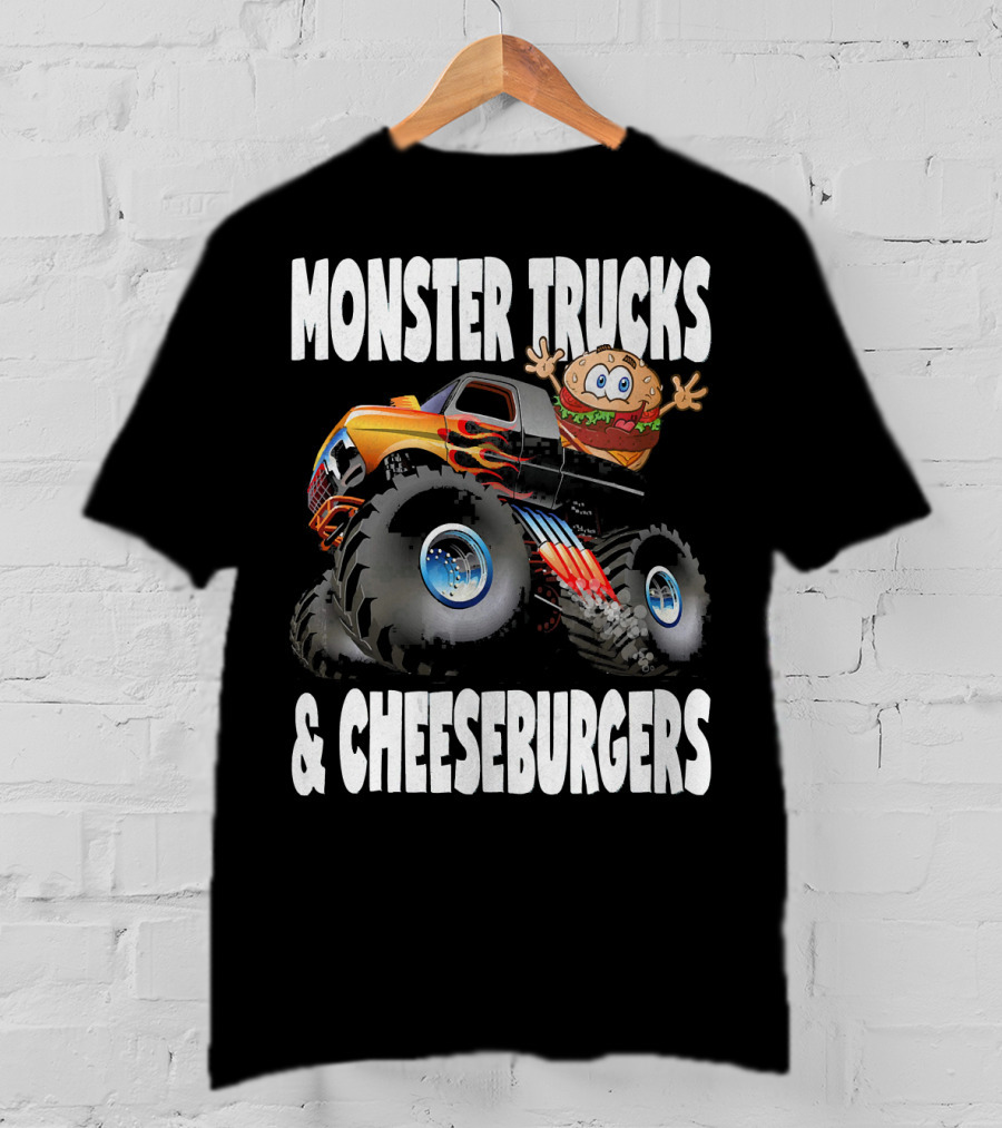 Monster Trucks And Cheeseburgers With Cartoon Cheeseburger Driver T-Shirt