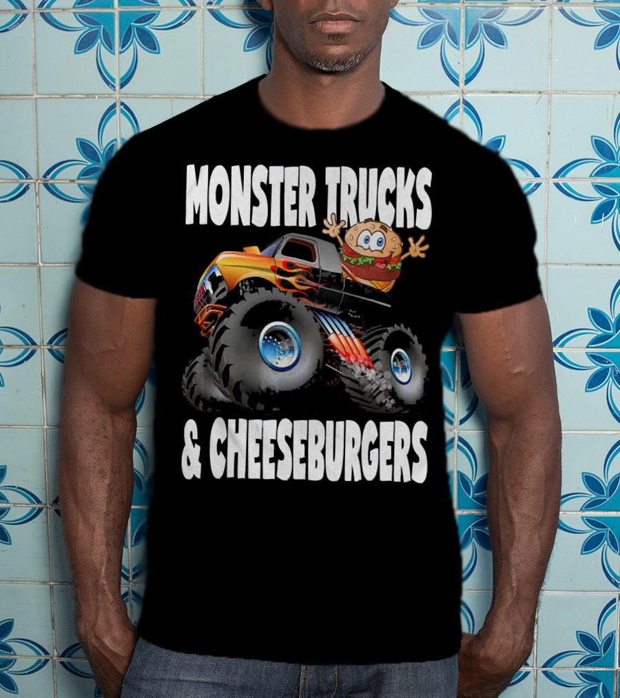 Monster Trucks And Cheeseburgers With Cartoon Cheeseburger Driver T-Shirt