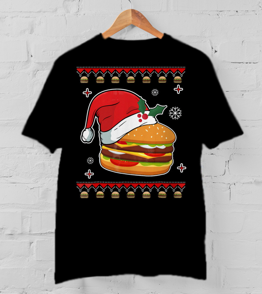 Santa Hat Hamburger Christmas Ugly T-Shirt