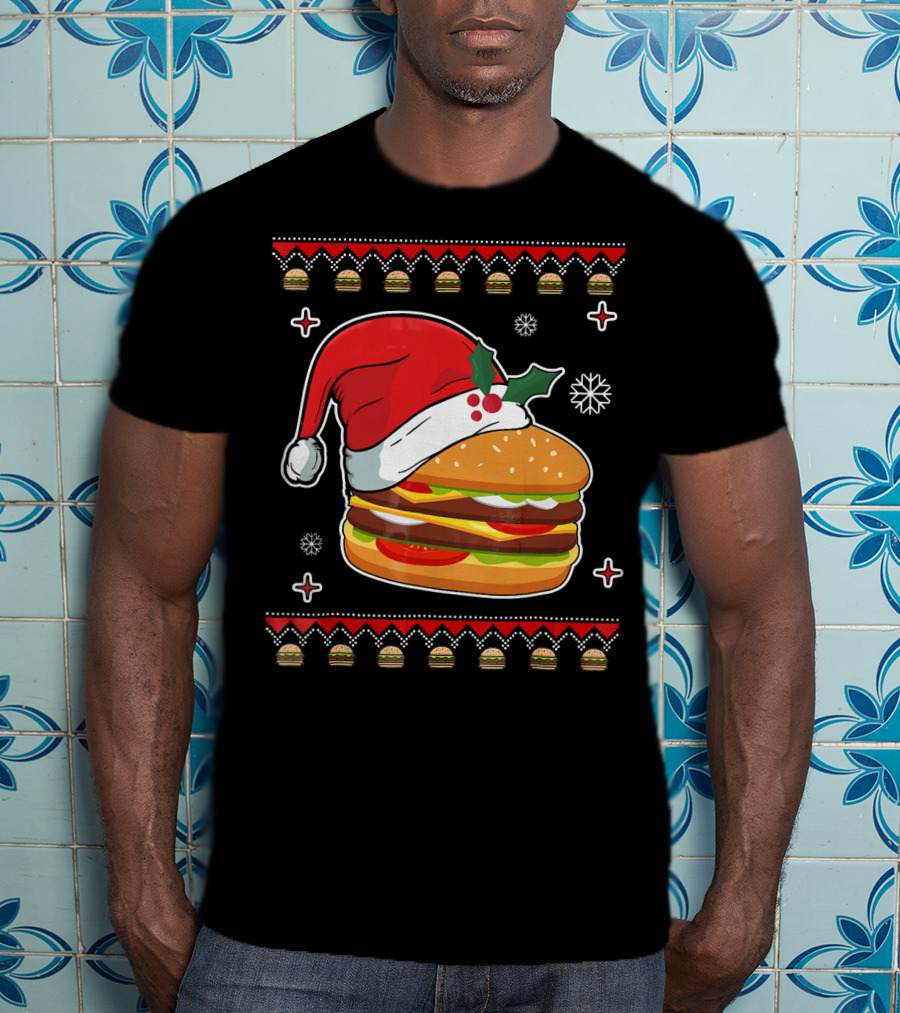 Santa Hat Hamburger Christmas Ugly T-Shirt