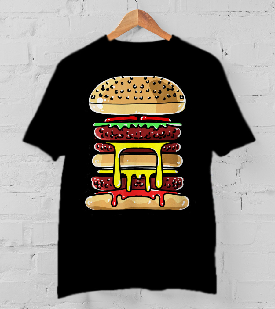 Hamburger Cheeseburger Layered Dripping Fast Food Comic T-Shirt