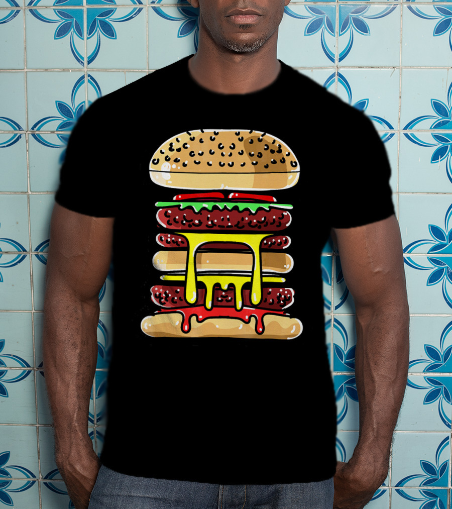 Hamburger Cheeseburger Layered Dripping Fast Food Comic T-Shirt