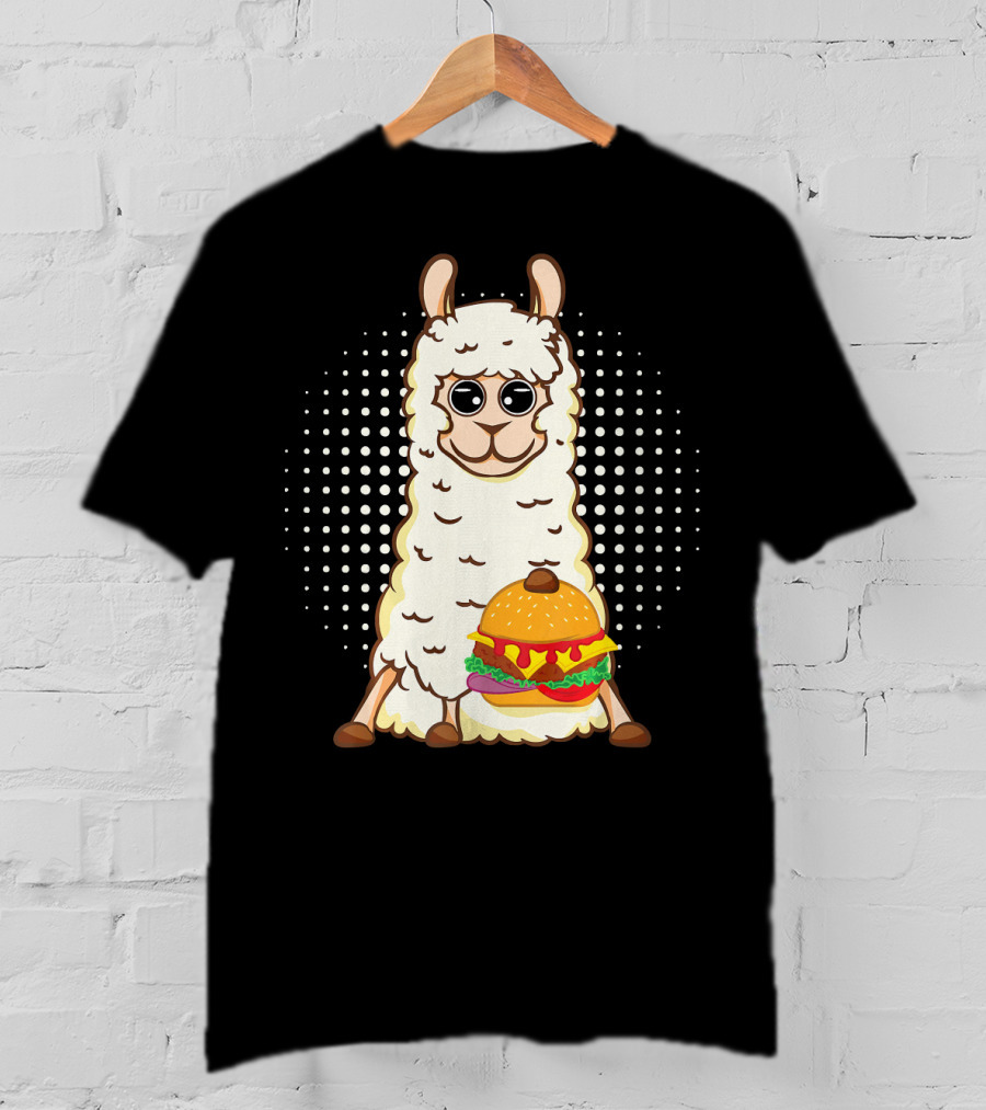 Llama Surprise Funny Sitting With Giant Burger T-Shirt