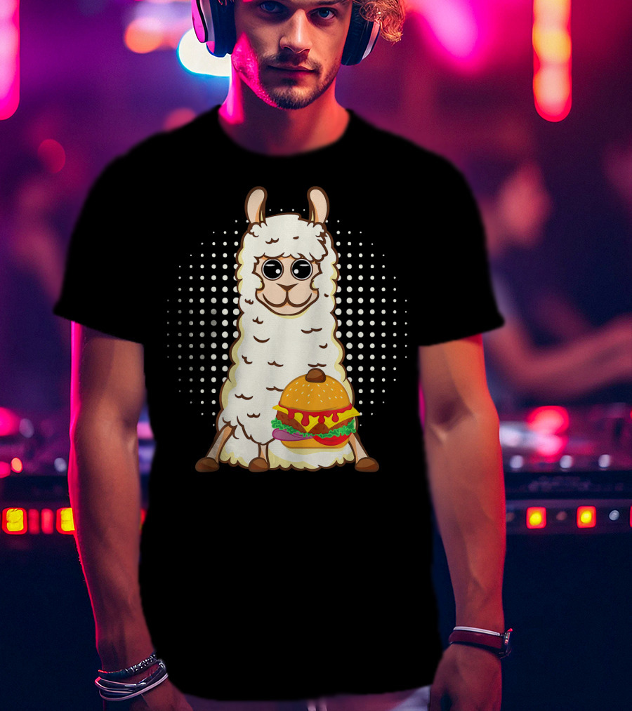 Llama Surprise Funny Sitting With Giant Burger T-Shirt