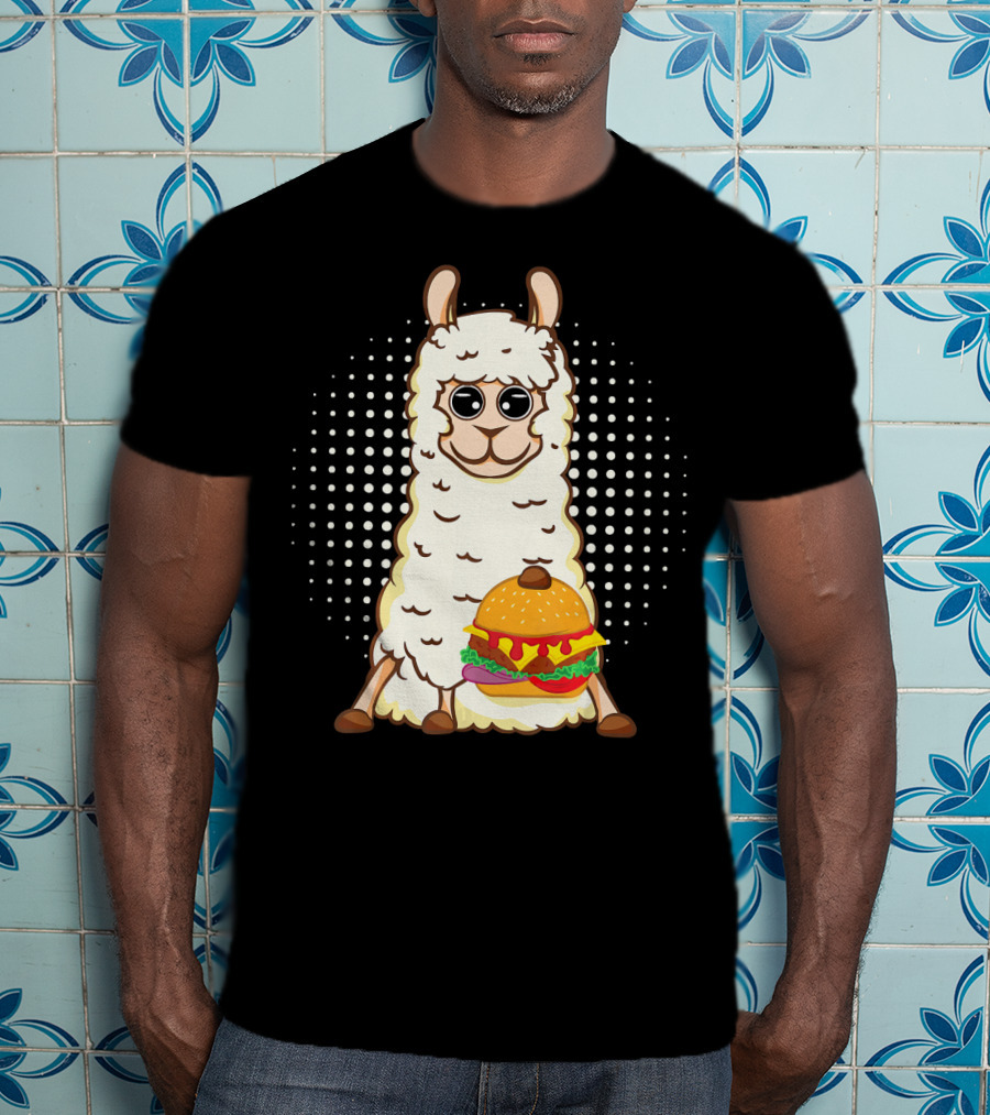 Llama Surprise Funny Sitting With Giant Burger T-Shirt