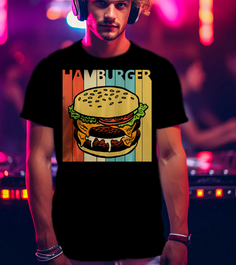Vintage Retro Hamburger Rainbow Stripe Background T-Shirt