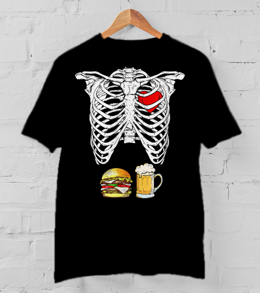 Ribcage Xray Skeleton With Heart Burger And Beer T-Shirt