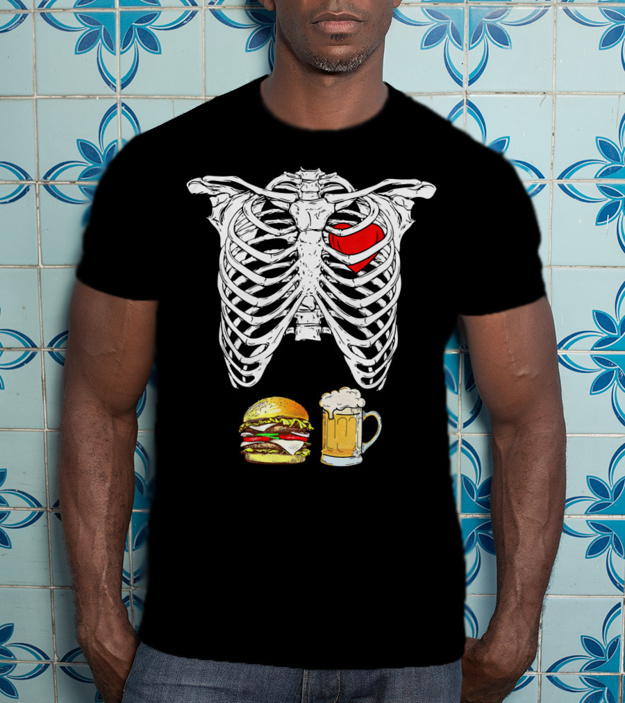 Ribcage Xray Skeleton With Heart Burger And Beer T-Shirt