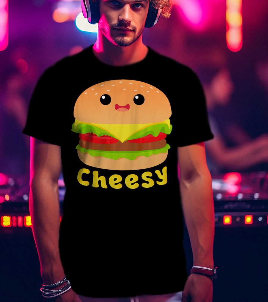 Cheesy Cute Funny Cheese Burger Food Pun Adorable Smiling Burger T-Shirt