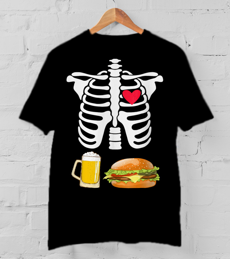 Beer And Burger Heart Ribcage Skeleton T-Shirt