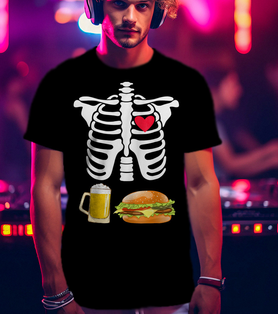 Beer And Burger Heart Ribcage Skeleton T-Shirt