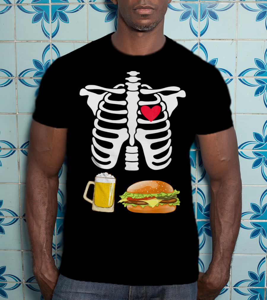 Beer And Burger Heart Ribcage Skeleton T-Shirt