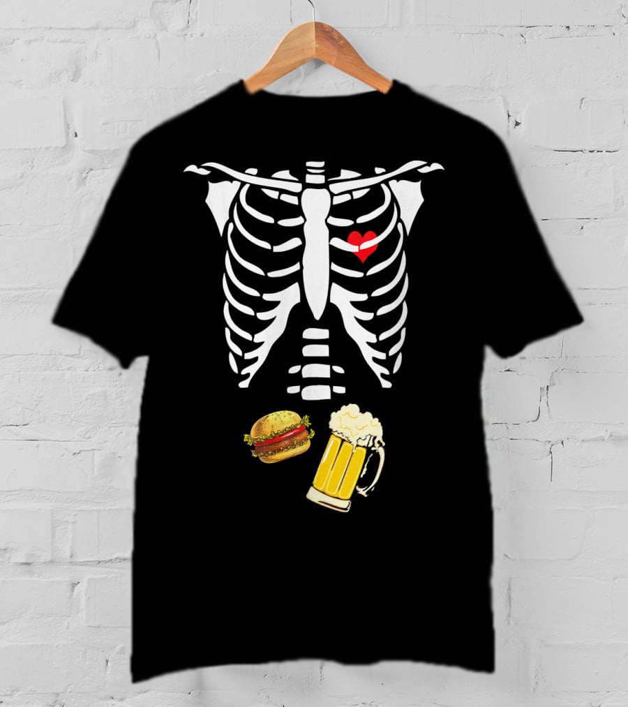 Beer Hamburger Skeleton Ribcage Heart T-Shirt