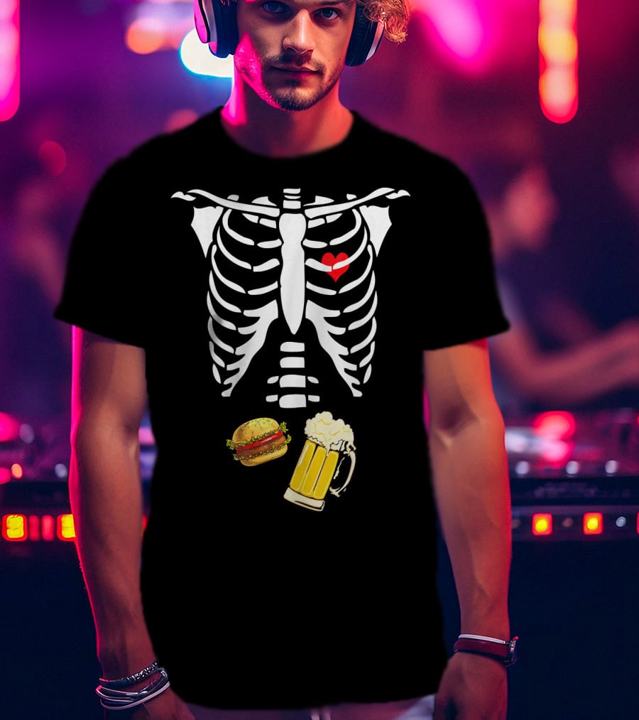 Beer Hamburger Skeleton Ribcage Heart T-Shirt