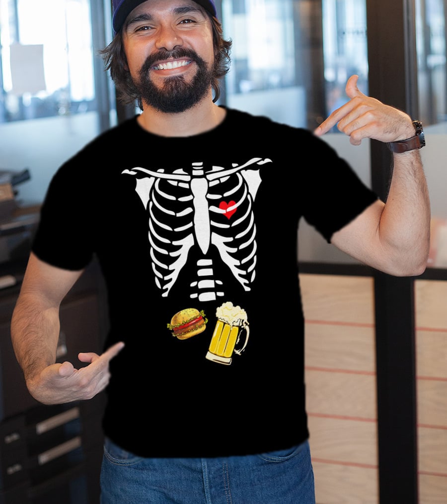 Beer Hamburger Skeleton Ribcage Heart T-Shirt