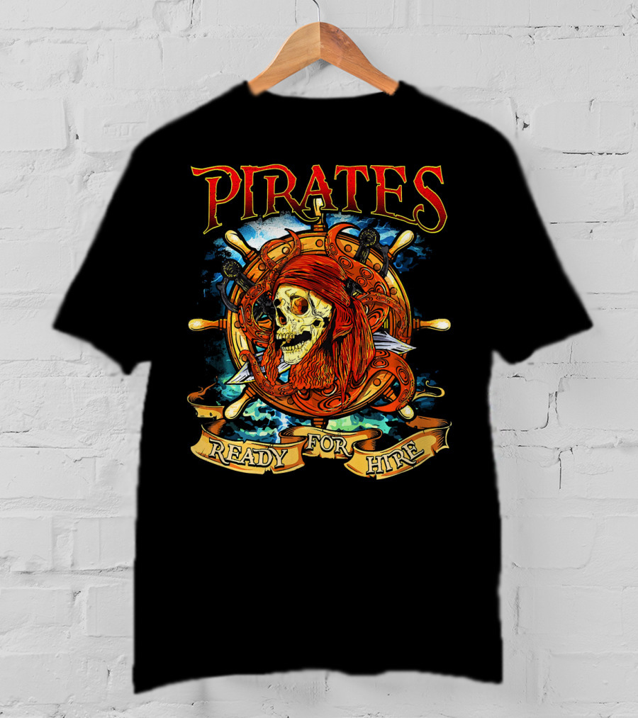 Pirates Ready For Hire Skull With Red Bandana Steering Wheel T-Shirt