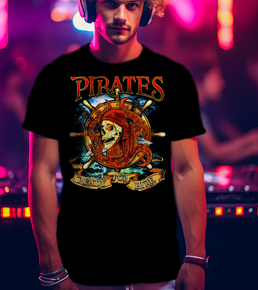 Pirates Ready For Hire Skull With Red Bandana Steering Wheel T-Shirt