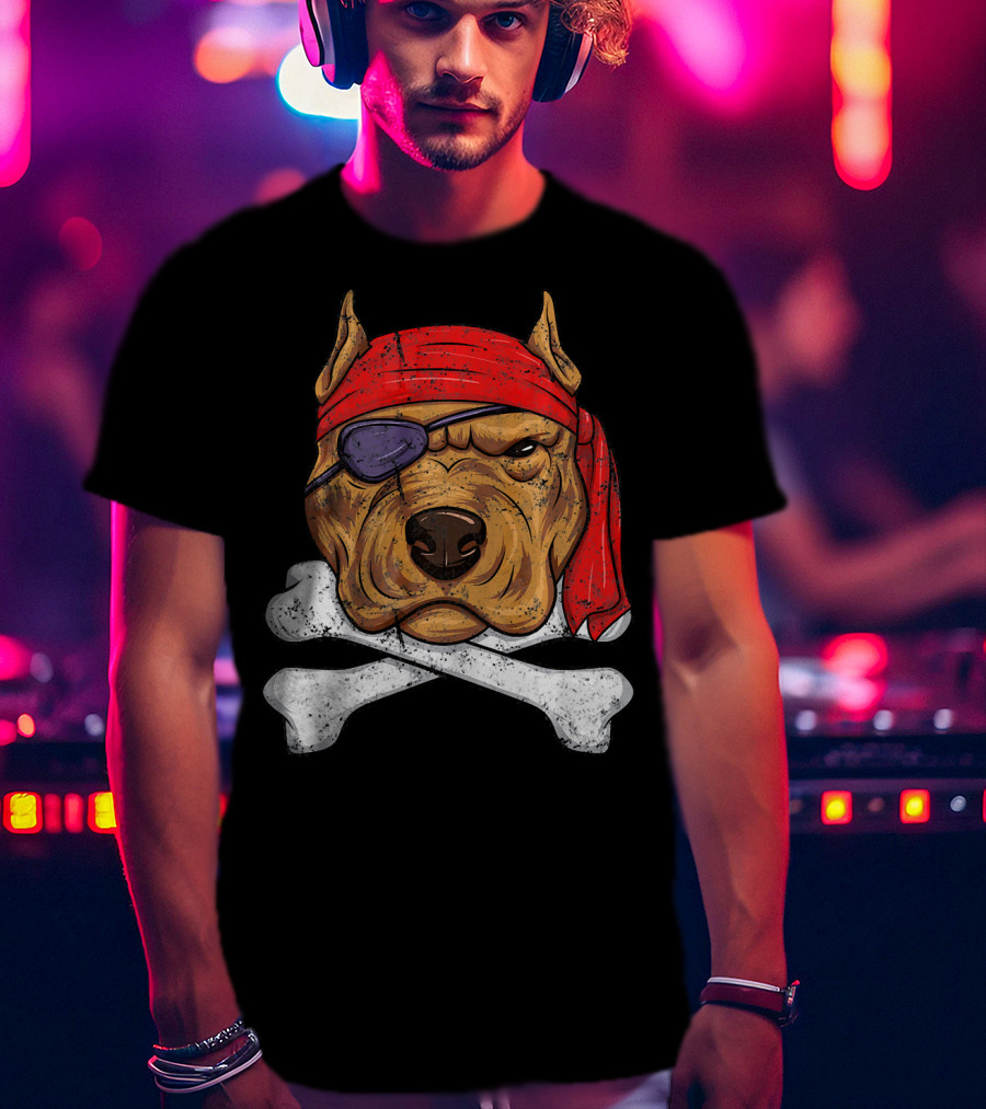 Vintage Pirate Dog Funny Puppy Crossbones Eyepatch Red Bandana T-Shirt