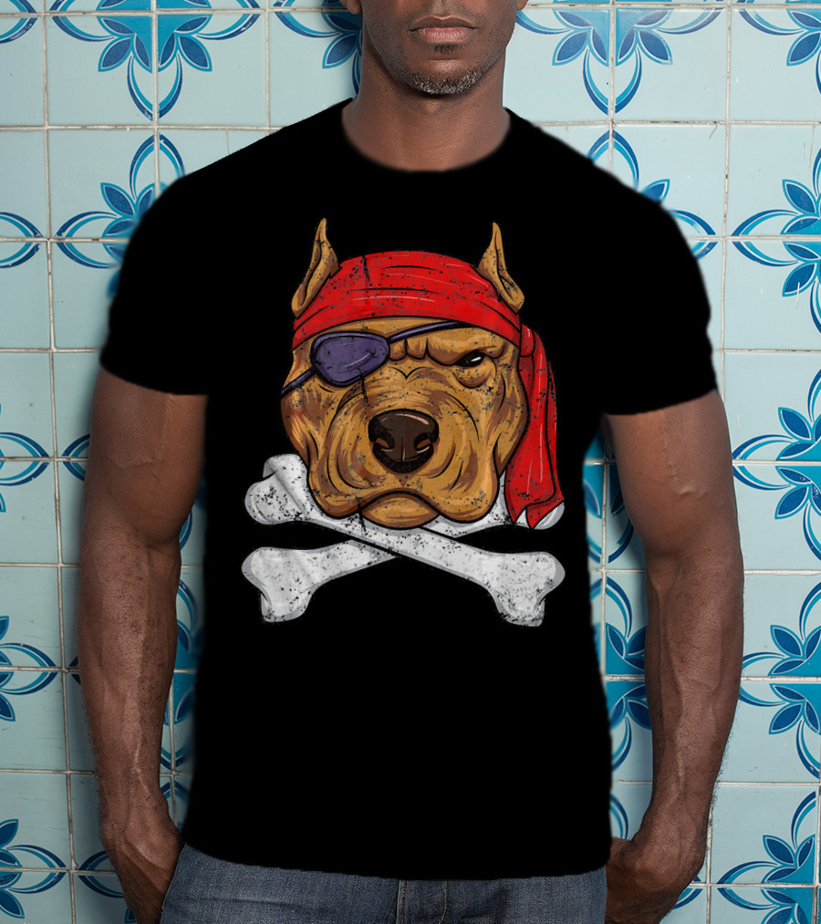 Vintage Pirate Dog Funny Puppy Crossbones Eyepatch Red Bandana T-Shirt