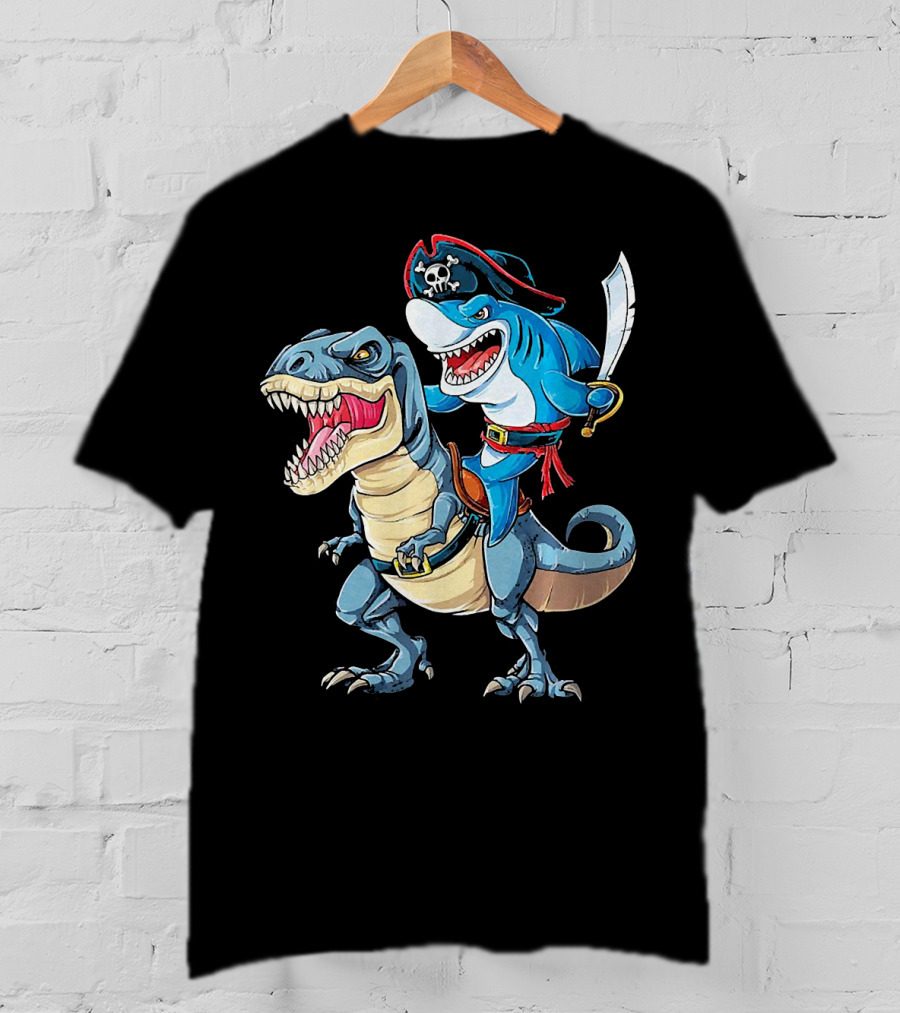 Pirate Shark Wielding Sword Riding Rex Dinosaur T-Shirt