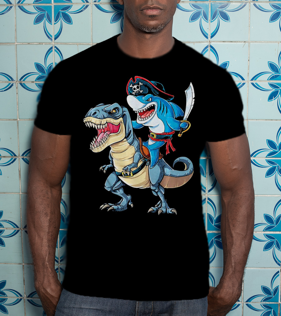 Pirate Shark Wielding Sword Riding Rex Dinosaur T-Shirt