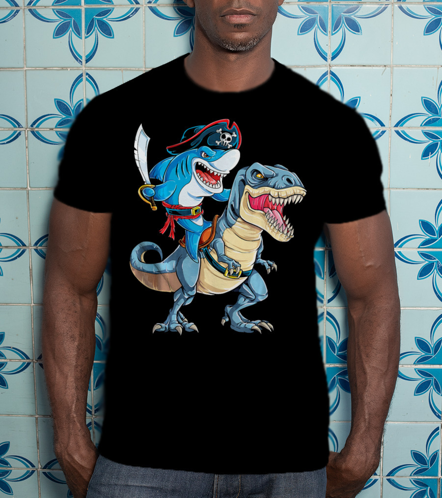 Pirate Shark Riding A Dinosaur T-Rex Jaws T-Shirt