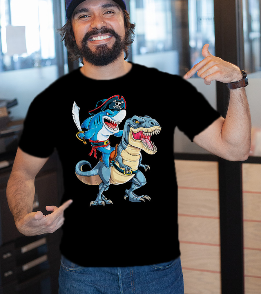 Pirate Shark Riding A Dinosaur T-Rex Jaws T-Shirt