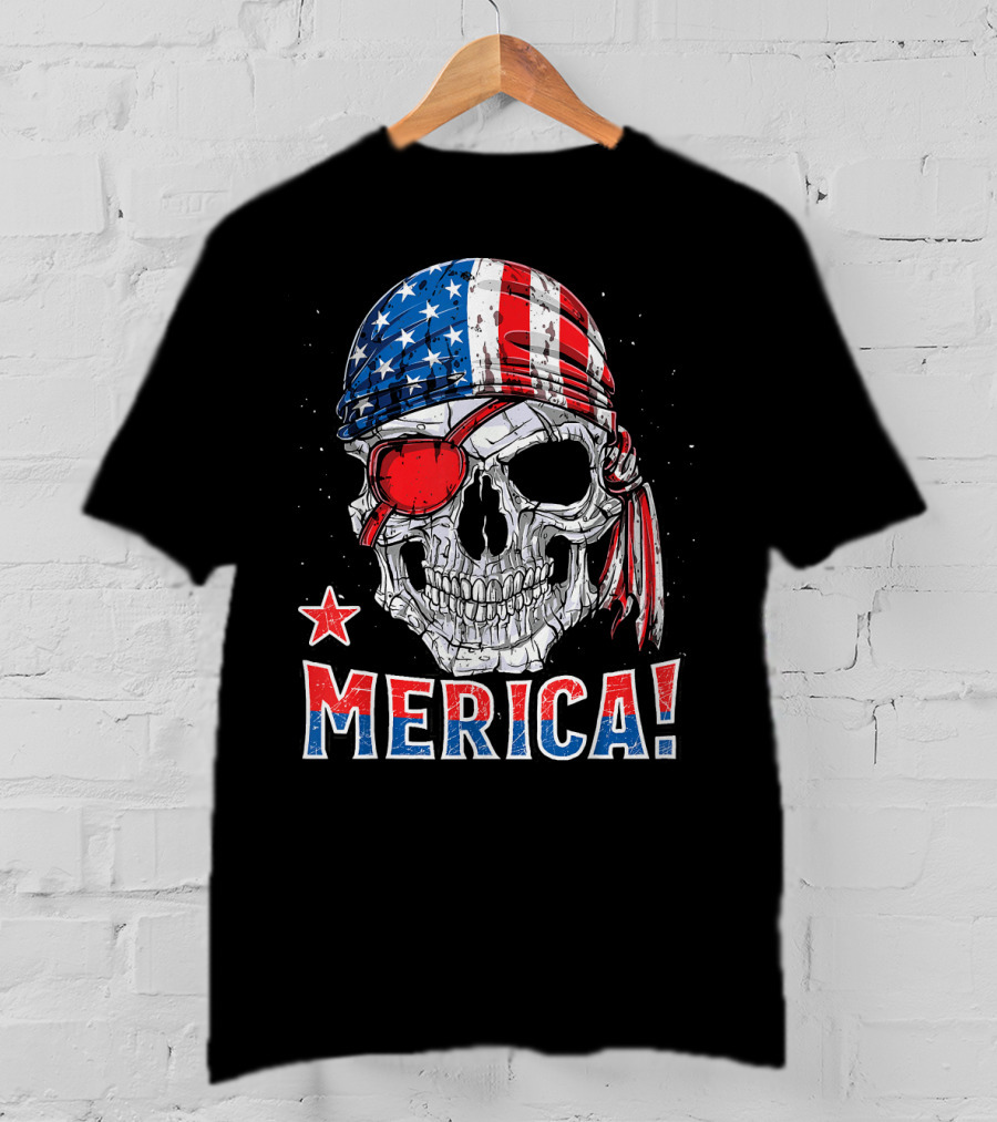 Merica Pirate Skull With American Flag Bandana And Red Eyepatch T-Shirt