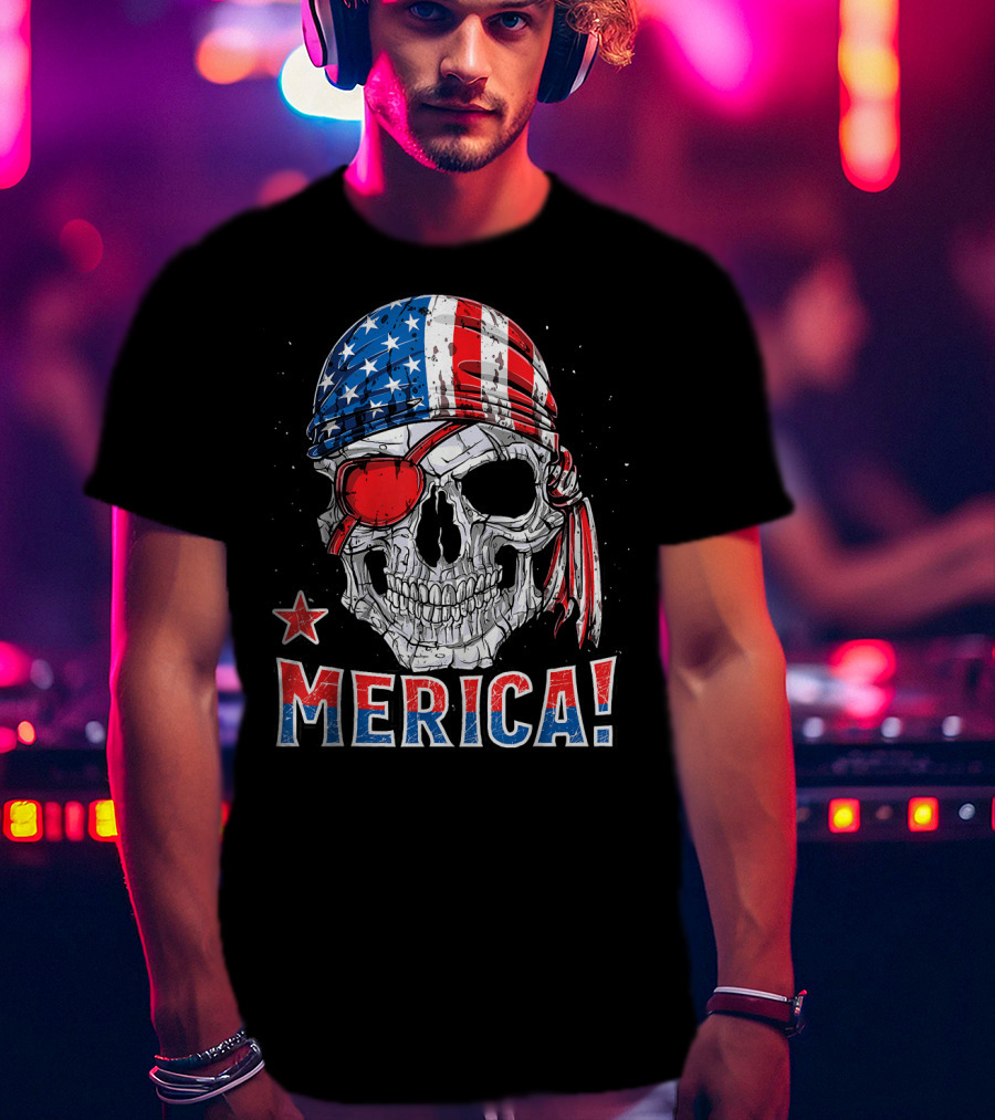 Merica Pirate Skull With American Flag Bandana And Red Eyepatch T-Shirt