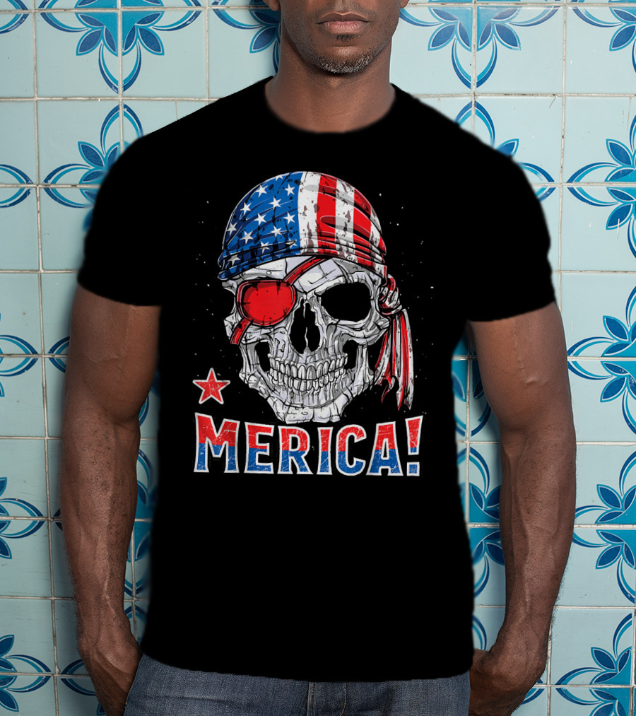 Merica Pirate Skull With American Flag Bandana And Red Eyepatch T-Shirt