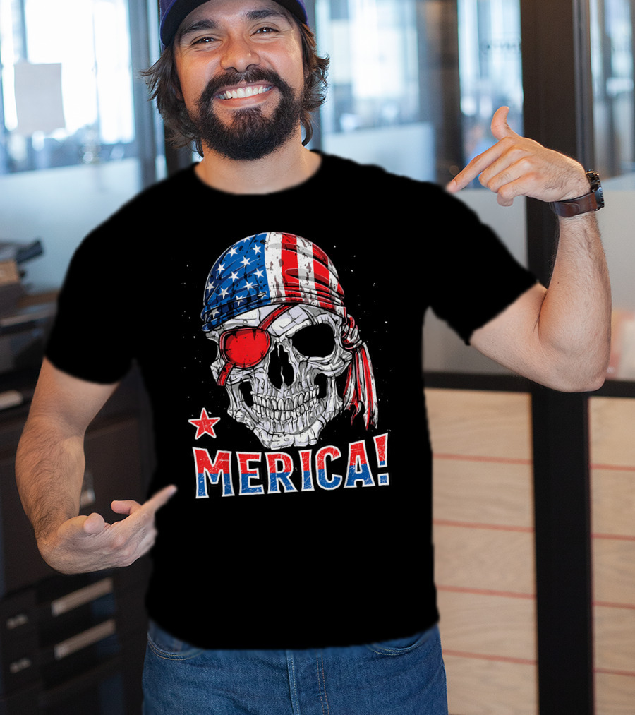 Merica Pirate Skull With American Flag Bandana And Red Eyepatch T-Shirt