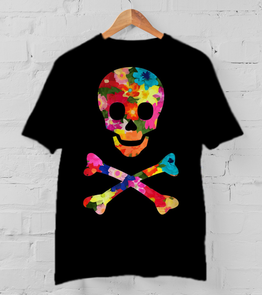 Flower Skull And Crossbones Funky Pirate Multicolor Floral T-Shirt