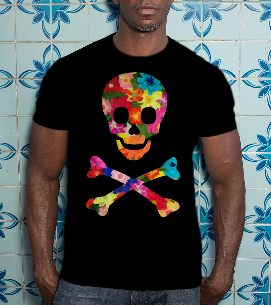 Flower Skull And Crossbones Funky Pirate Multicolor Floral T-Shirt
