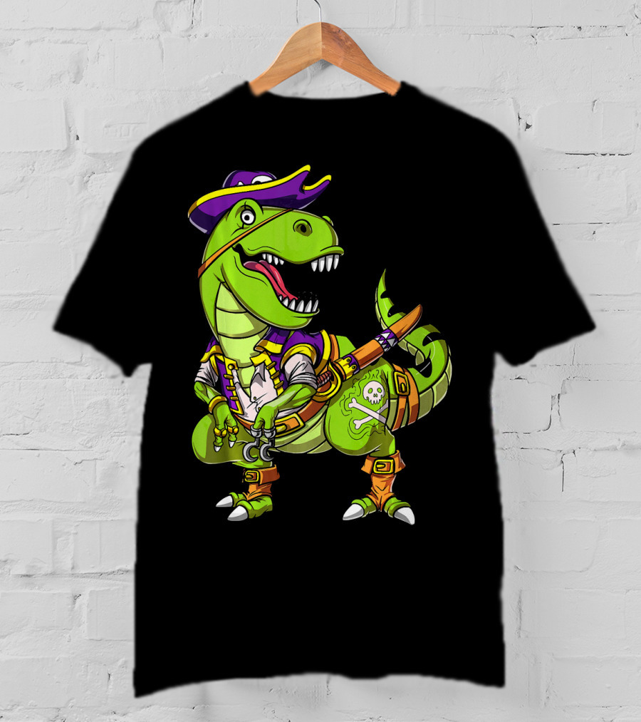 T Rex Dinosaur Pirate Captain With Hat And Hook In Green And Purple T-Shirt