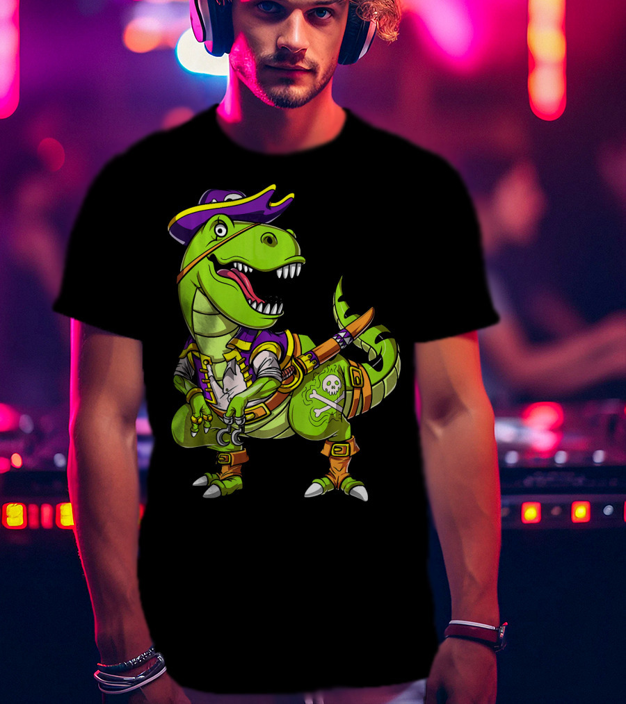 T Rex Dinosaur Pirate Captain With Hat And Hook In Green And Purple T-Shirt