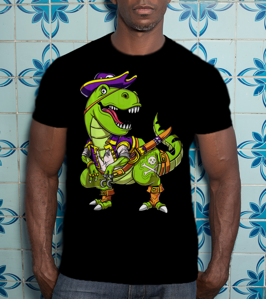 T Rex Dinosaur Pirate Captain With Hat And Hook In Green And Purple T-Shirt
