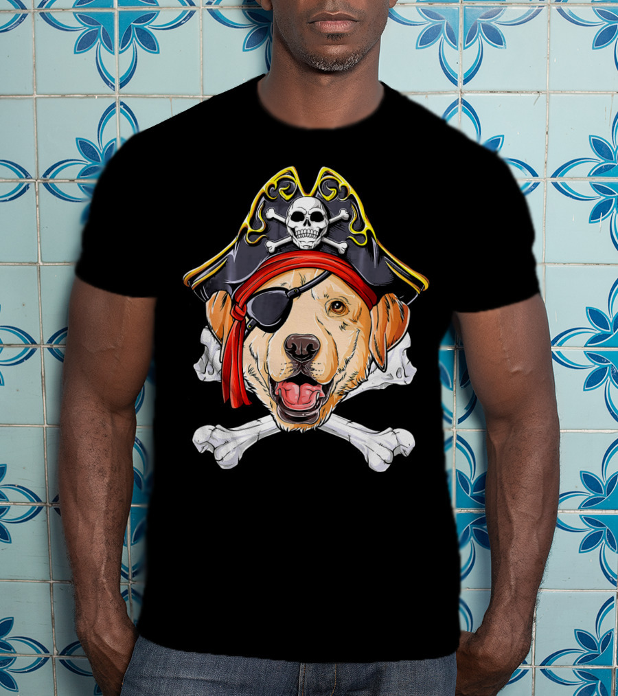 Labrador With Pirate Skull Hat And Crossbones T-Shirt