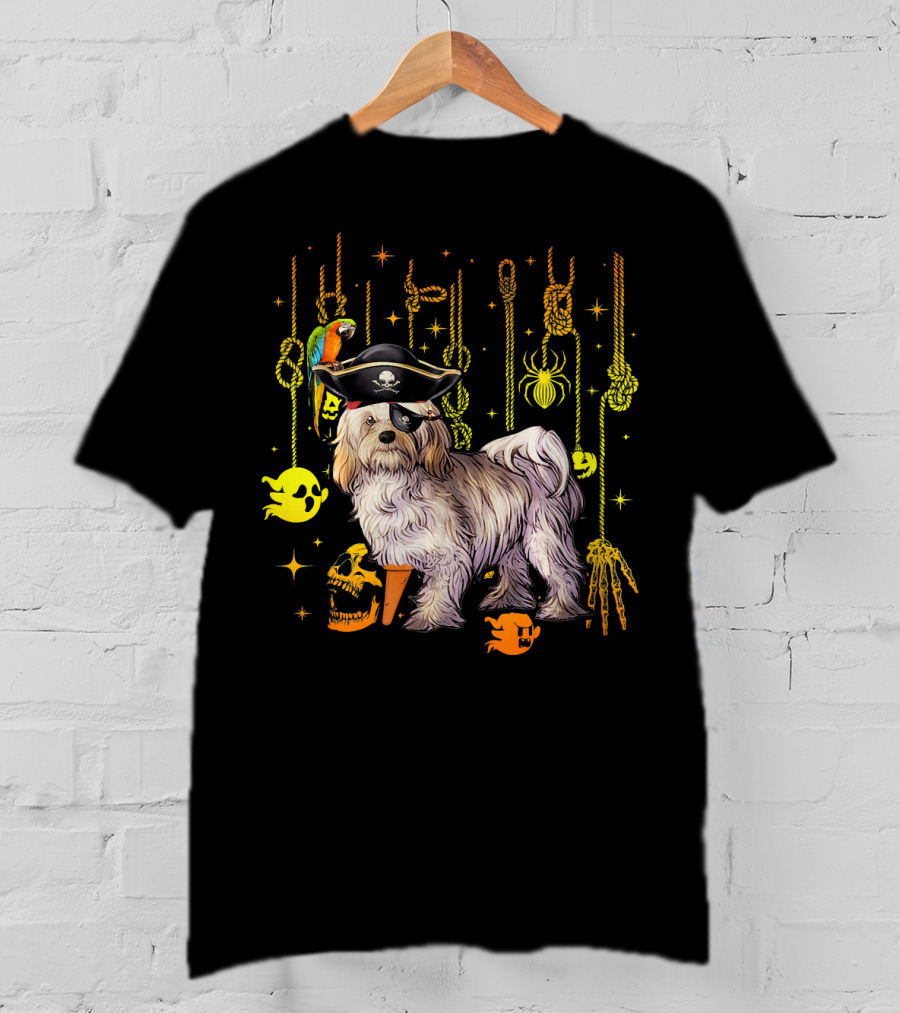 Havanese Pirate Halloween Dog With Parrot And Skulls T-Shirt