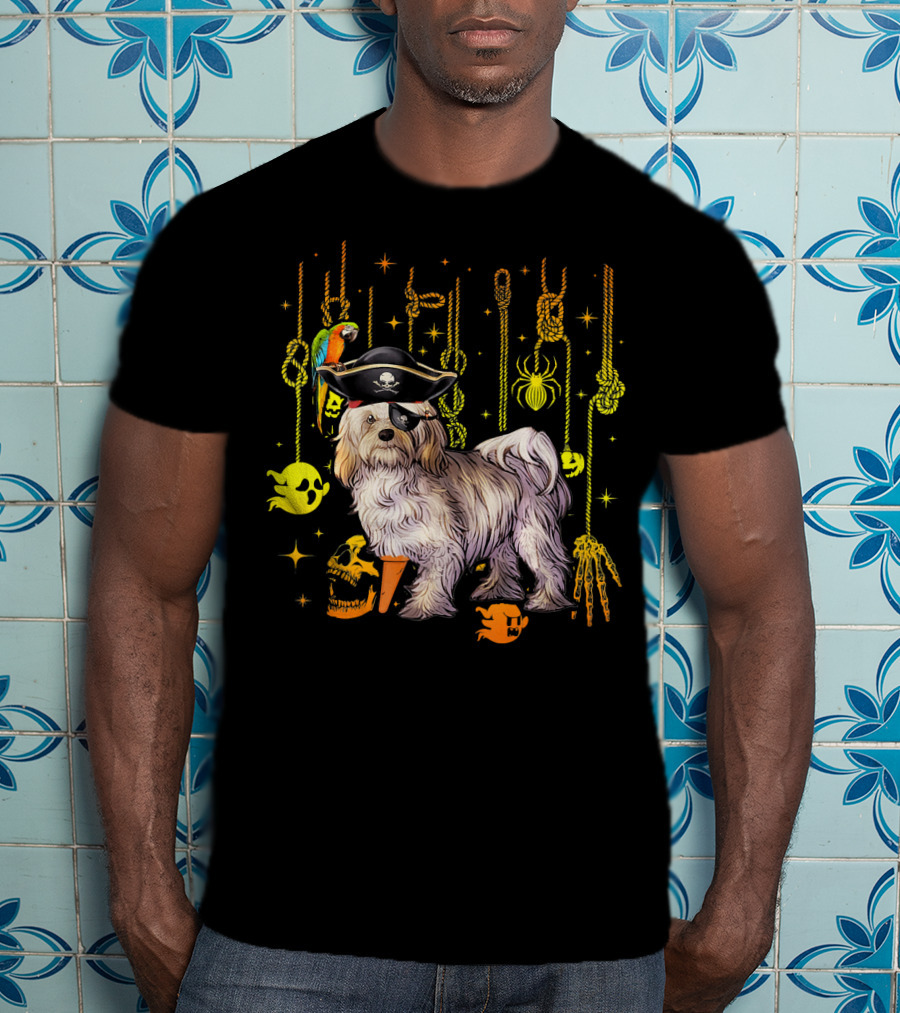 Havanese Pirate Halloween Dog With Parrot And Skulls T-Shirt