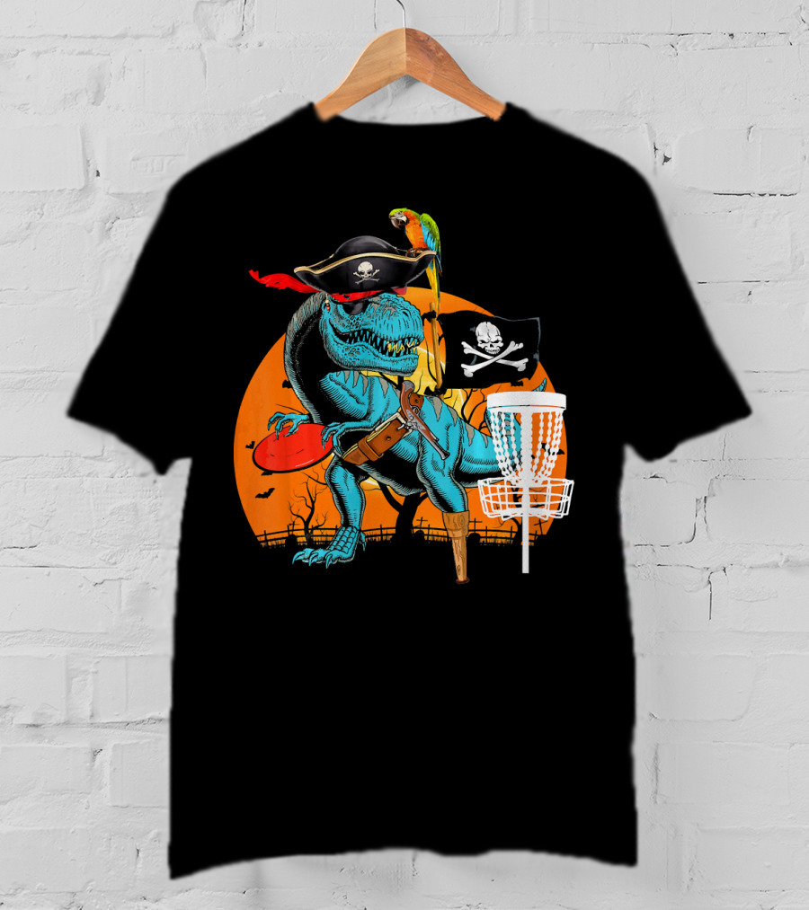 Jolly Roger Pirate Dinosaur Disc Golf Adventure T-Shirt